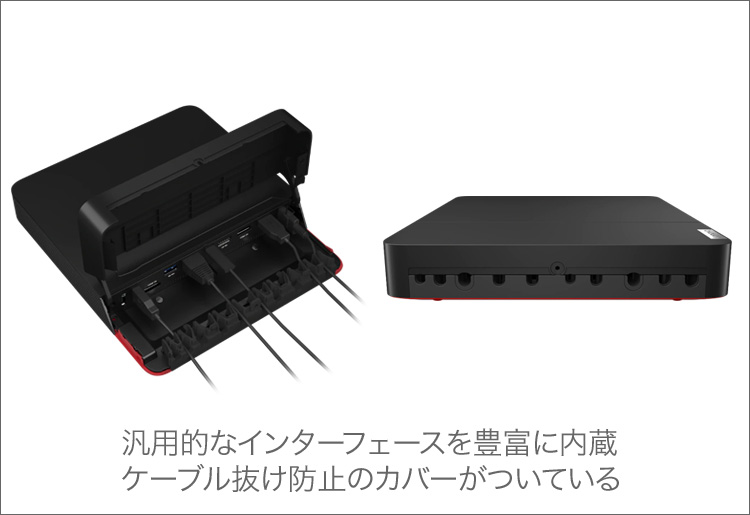 汎用的なインターフェースを豊富に内蔵 ケーブル抜け防止のカバーがついている